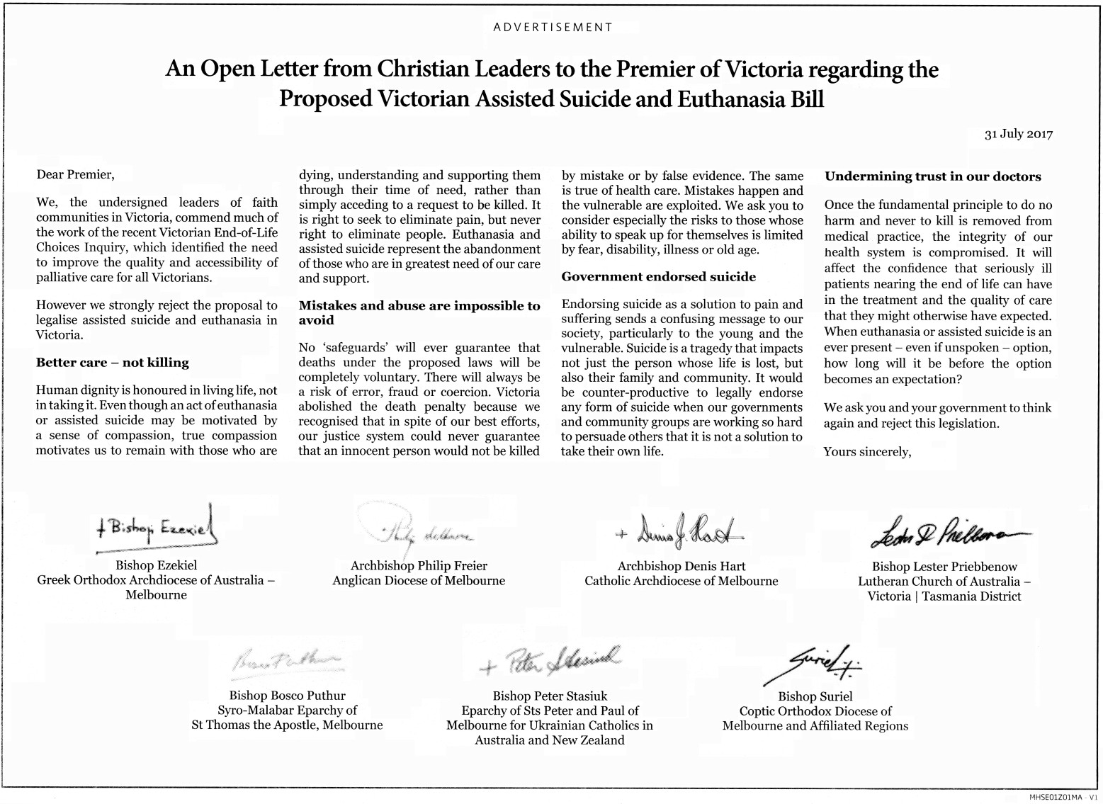 Chart: The June 2017 bishops' anti-VAD print advertisement